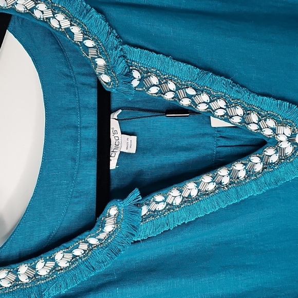 Chico's Peacock Blue 100% Linen w Embellished Neckline Glam Relaxed Short Dress - Picture 7 of 15